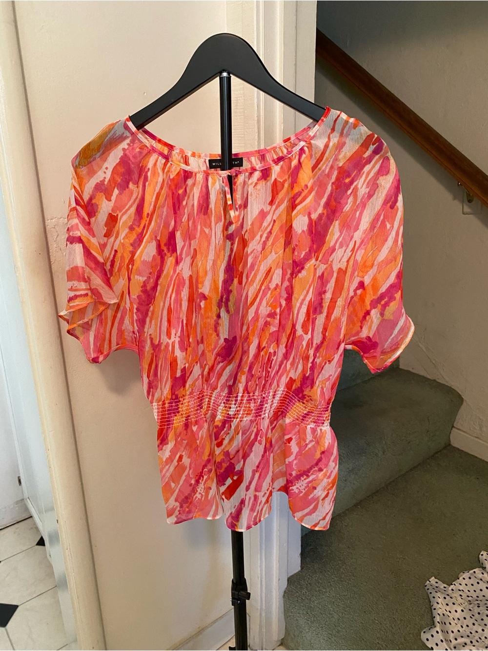 Willi Smith Pink & Orange Abstract Peplum Blouse,lightweight, size medium